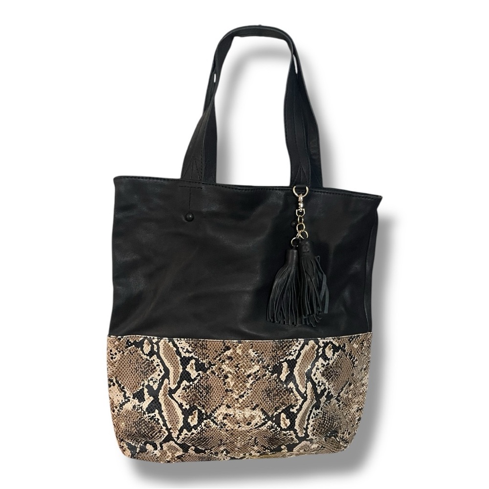 Chic Ann Taylor Black and Tan Leather and Snake Print Tote Bag Purse Carryall
